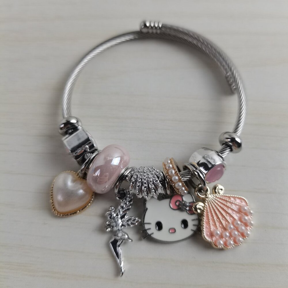 💖💫 ⭐Hello Kitty Charm Pendant Tone Bangle Bracelet Silver & Orange